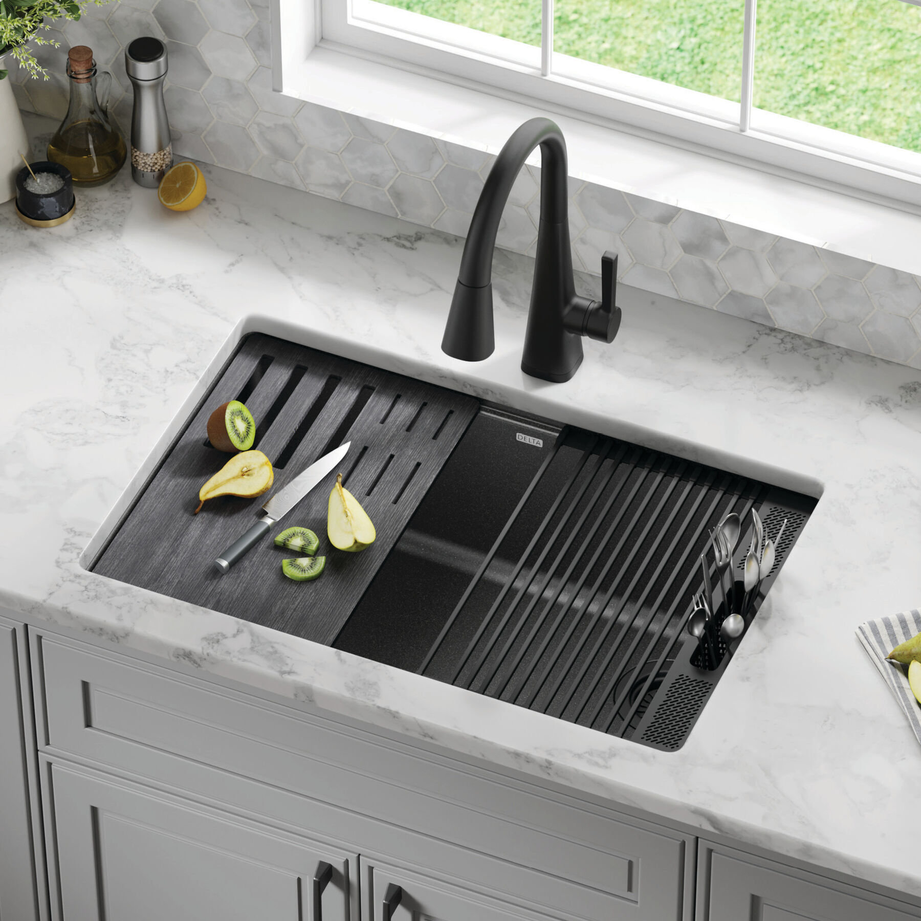 30&rdquo; Granite Composite Workstation Kitchen Sink Undermount Single Bowl with WorkFlow&trade; Ledge and Accessories in Metallic Black